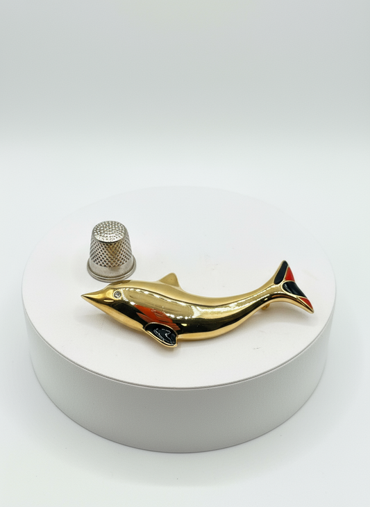 Broche vintage de metal y strass con forma de delfín