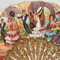 Abanico pasta color nácar con filigranas en oro típico escenas Andalucía