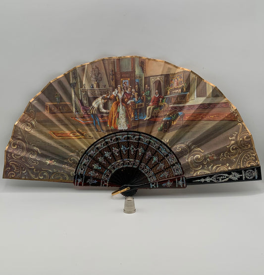 Abanico de pasta calado color carey e imagen impresa de época por ambas caras
