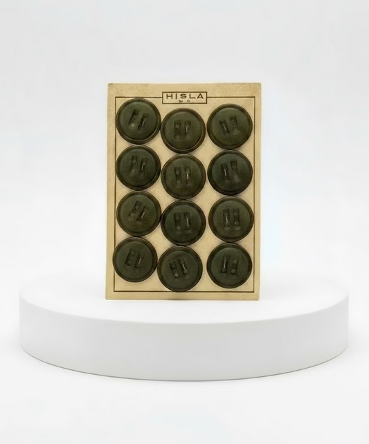 Cartón 12 botones vintage de pasta grandes, años 50 color verde oscuro. Marca Hisla