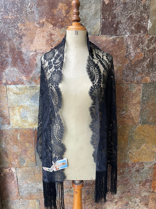 Echarpe de encaje con fleco color negro SPANISH MANTILLA