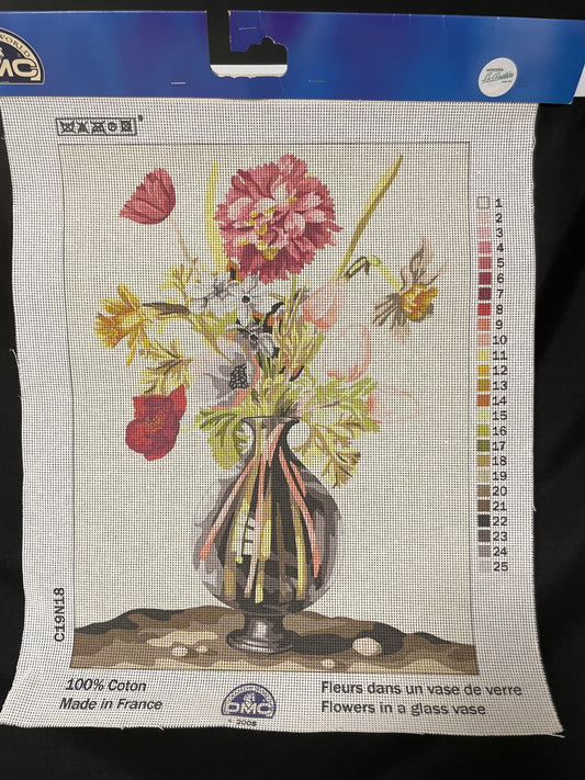 Petit point: "flores en jarrón de cristal" DMC - CON HILOS