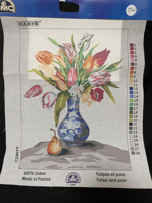 Petit point: "tulipanes y pera" DMC - CON HILOS