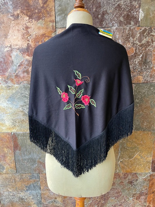 Pico pequeño con fleco en color negro bordado con flores