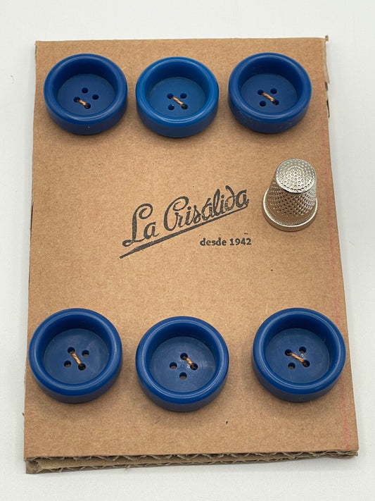 Cartón con 6 botones vintage de pasta en color azul cobalto. Edición especial 84 aniversario La Crisálida