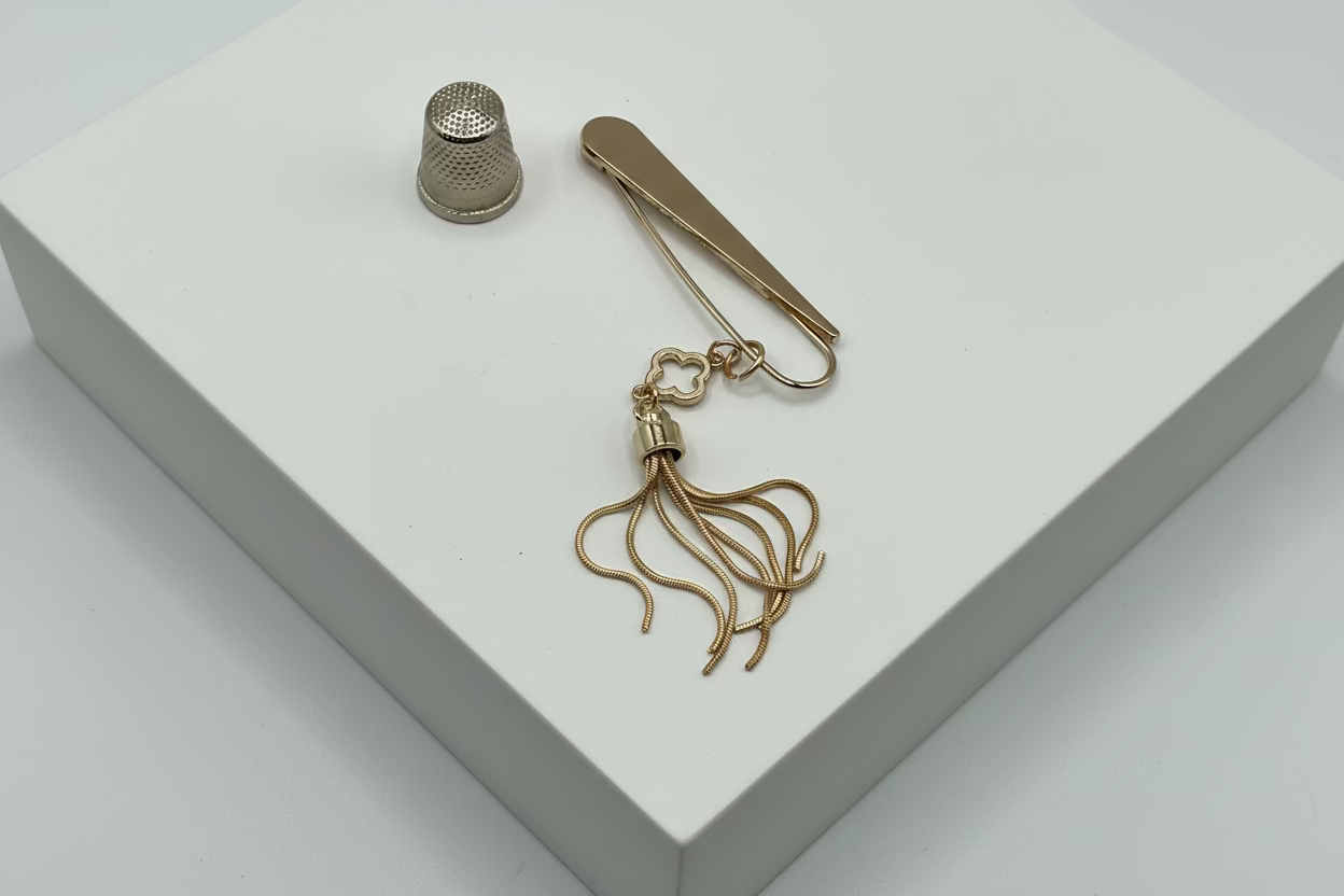Broche tipo imperdible fantasía cabeza en forma de lágrima y fleco dorado