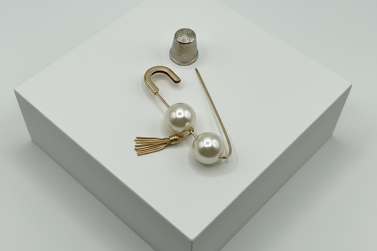 Broche tipo imperdible fantasía con dos bolas nacaradas y borla dorada