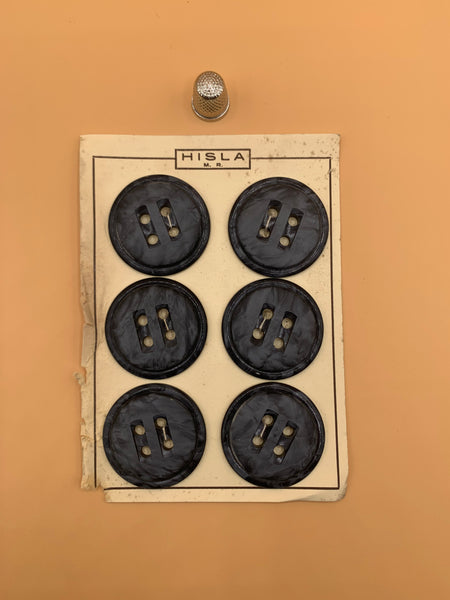 Cartón 6 botones vintage de pasta EXTRA grandes, años 50 color azul oscuro. Marca Hisla