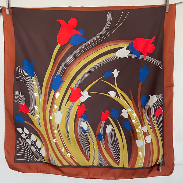 Pañuelo vintage años 70 color marrón con estampado flores. Creaciones Gisel