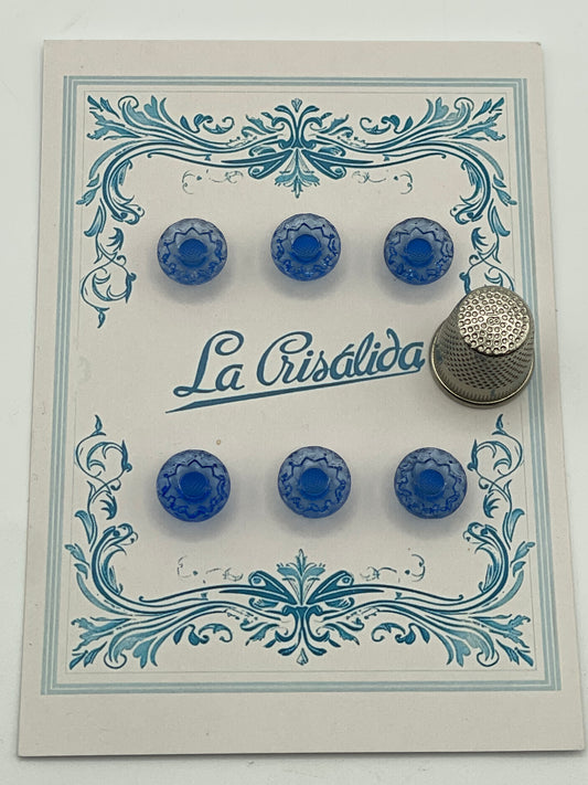 Cartón con 6 botones de vidrio, años 40, color azul intenso con forma de flor