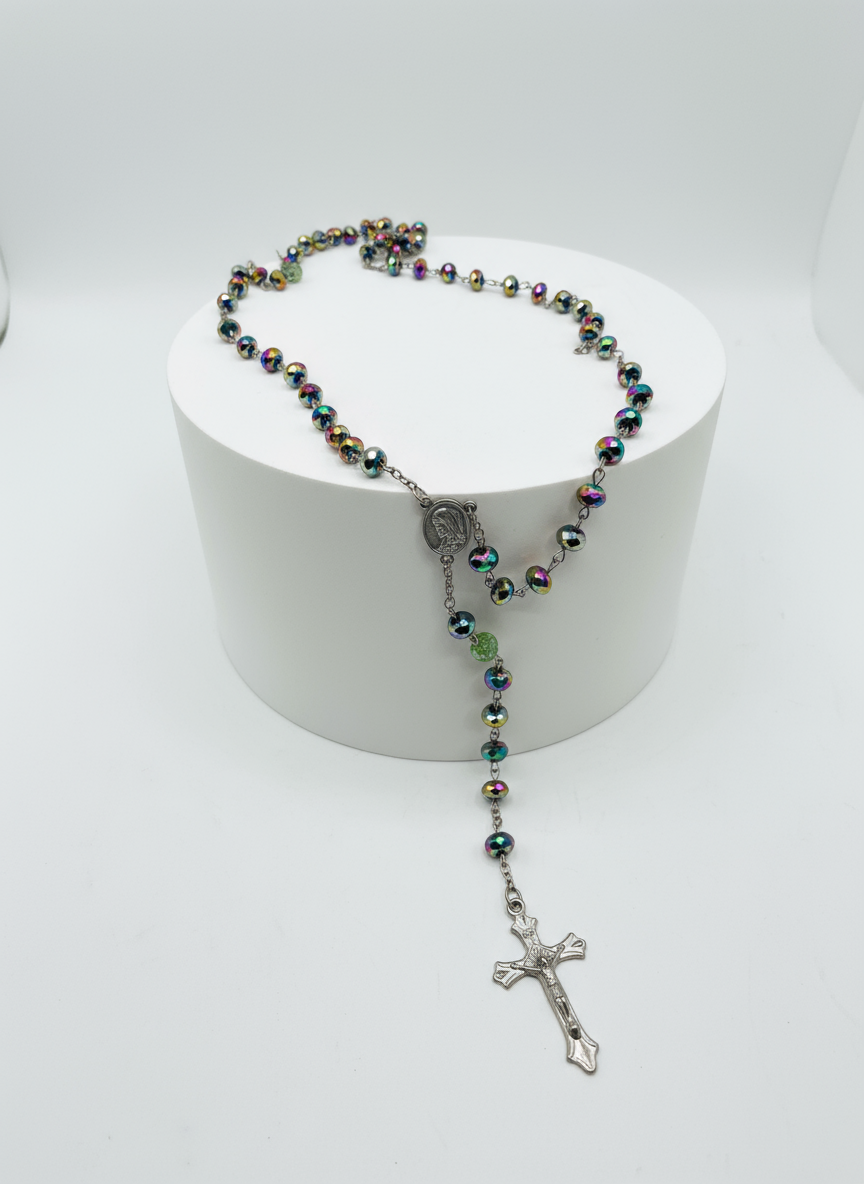 Rosario vintage de cuentas mullticolor irisadas