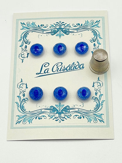 Cartón con 6 botones de vidrio, años 40, color azul intenso