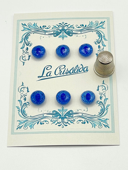 Cartón con 6 botones de vidrio, años 40, color azul intenso