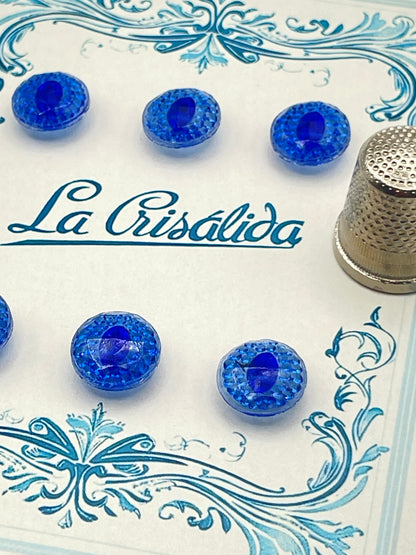 Cartón con 6 botones de vidrio, años 40, color azul intenso