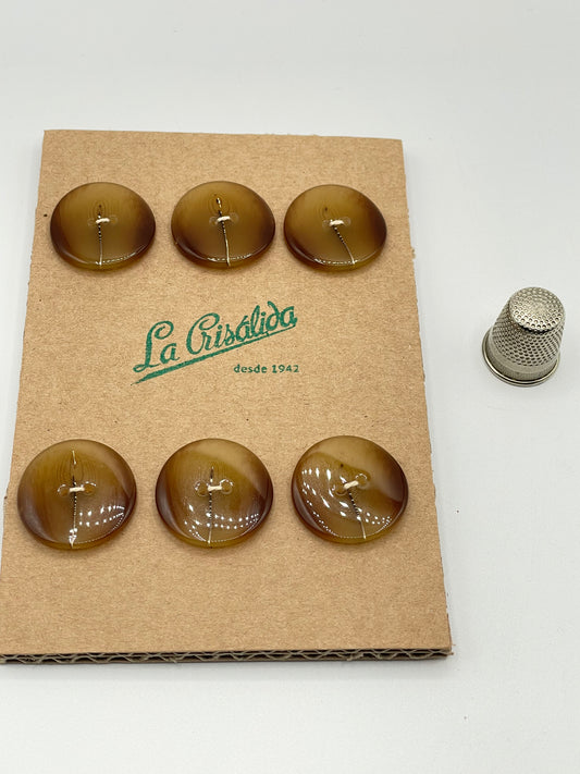 Cartón con 6 botones vintage de pasta color ámbar. Edición especial 84 aniversario La Crisálida