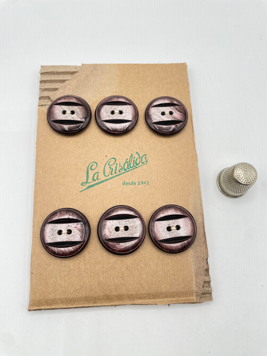 Cartón con 6 botones vintage de pasta color berenjena con reflejos nacarados. Edición especial 84 aniversario La Crisálida
