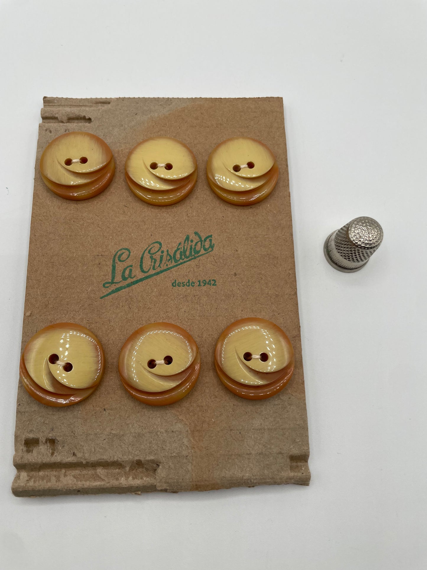 Cartón con 6 botones vintage de pasta en tonos vainilla. Edición especial 84 aniversario La Crisálida