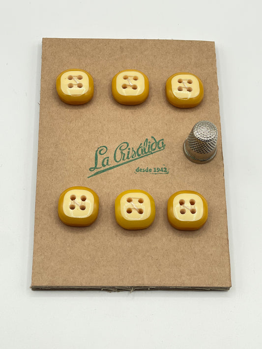 Cartón con 6 botones vintage de pasta color vainilla y yema. Edición especial 84 aniversario La Crisálida