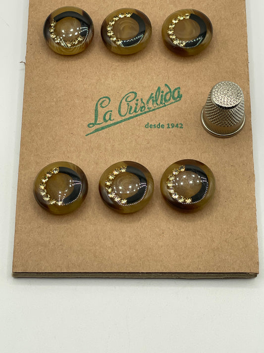 Cartón con 6 botones vintage de pasta color ámbar y strass. Edición especial 84 aniversario La Crisálida