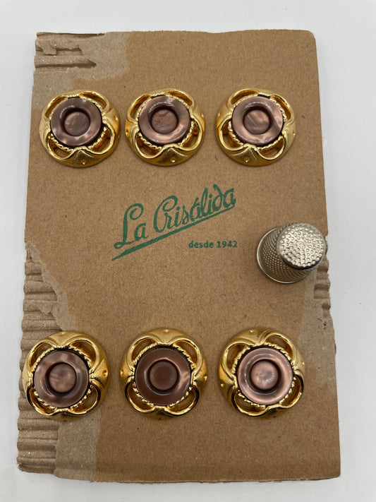Cartón con 6 botones vintage de pasta color dorado y topo. Edición especial 84 aniversario La Crisálida