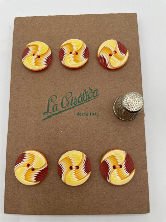 Cartón con 6 botones vintage de pasta color amarillo, blanco y naranja. Edición especial 84 aniversario La Crisálida