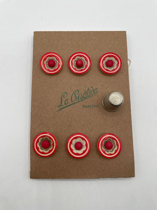 Cartón con 6 botones vintage de pasta color rojo y blanco. Edición especial 84 aniversario La Crisálida