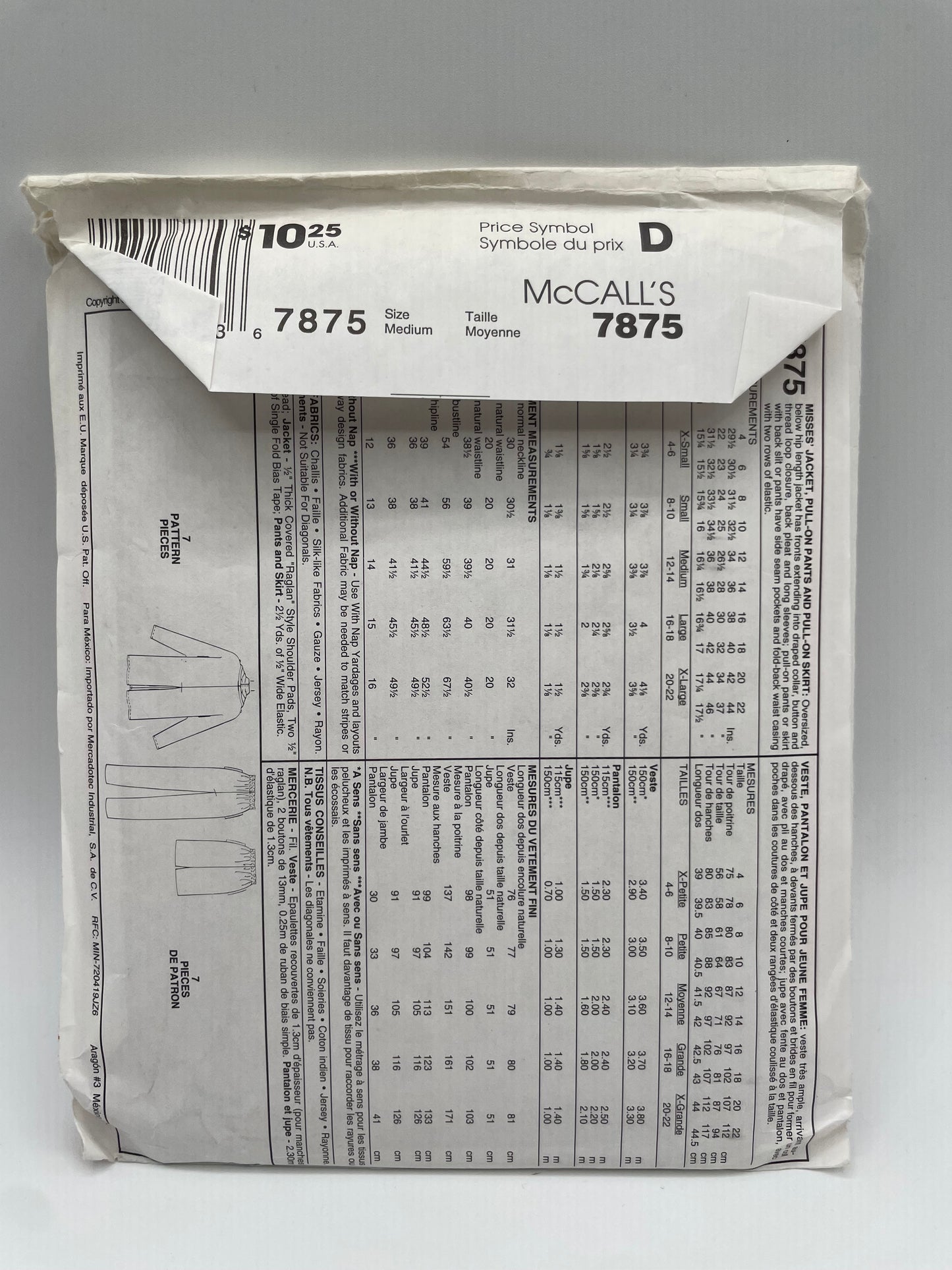 Patrón vintage original americano de blusa y pantalón