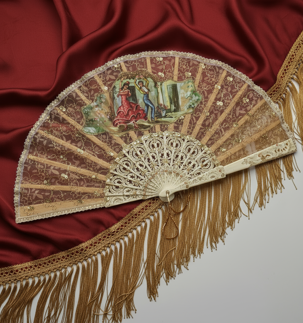 Abanico de pasta color blanco nácar, encaje beige y dorado con imagen impresa de bailaores