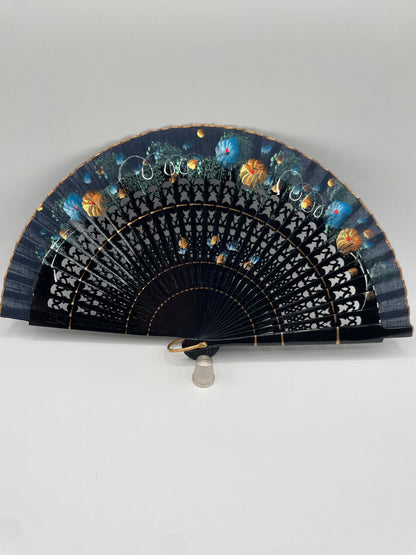 Abanico para bolso de madera, calado, pintado a mano color negro con coloridas flores