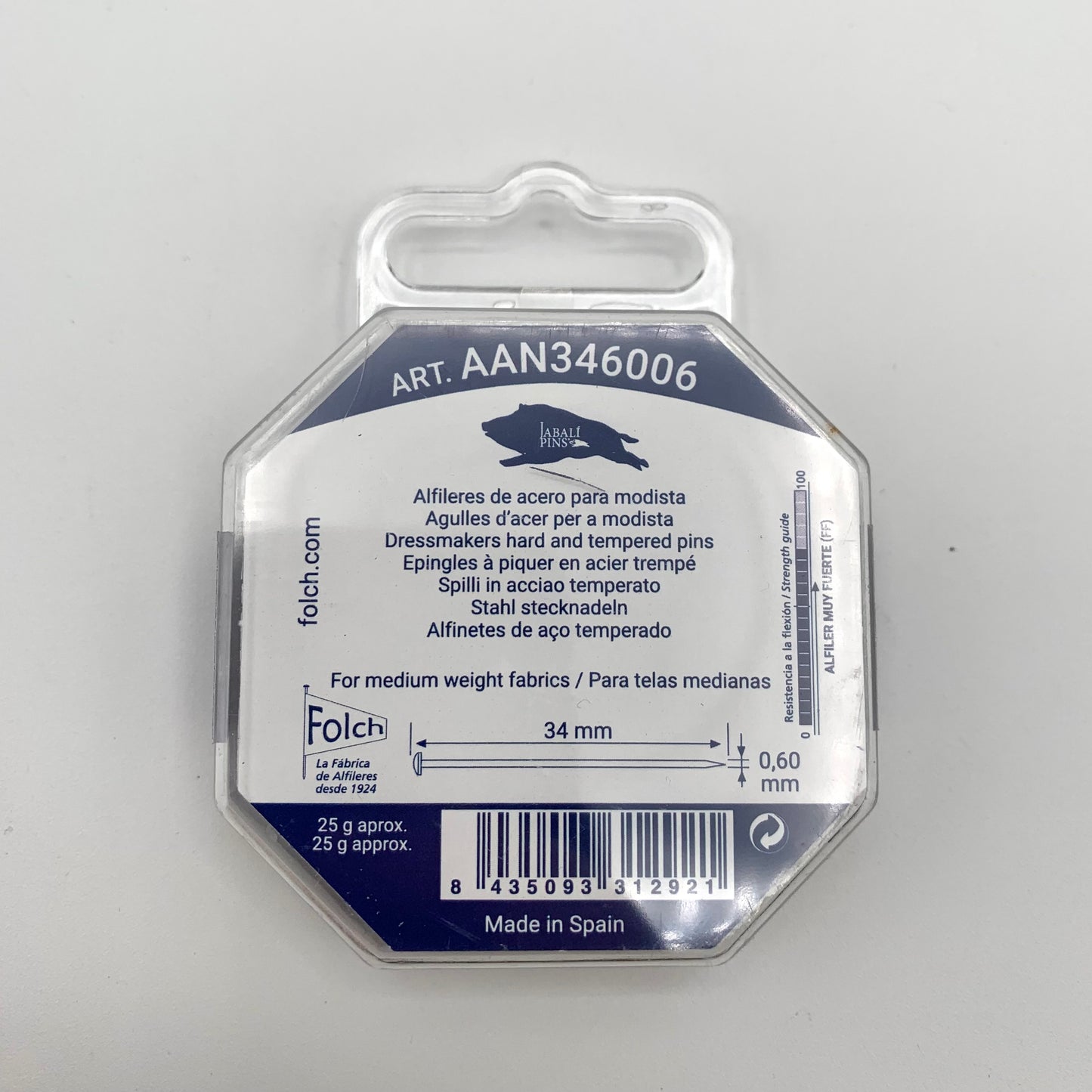 Alfileres de acero para modista 34x0.60mm Nº 8 Jabalí FOLCH