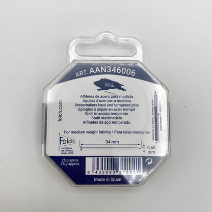 Alfileres de acero para modista 34x0.60mm Nº 8 Jabalí FOLCH