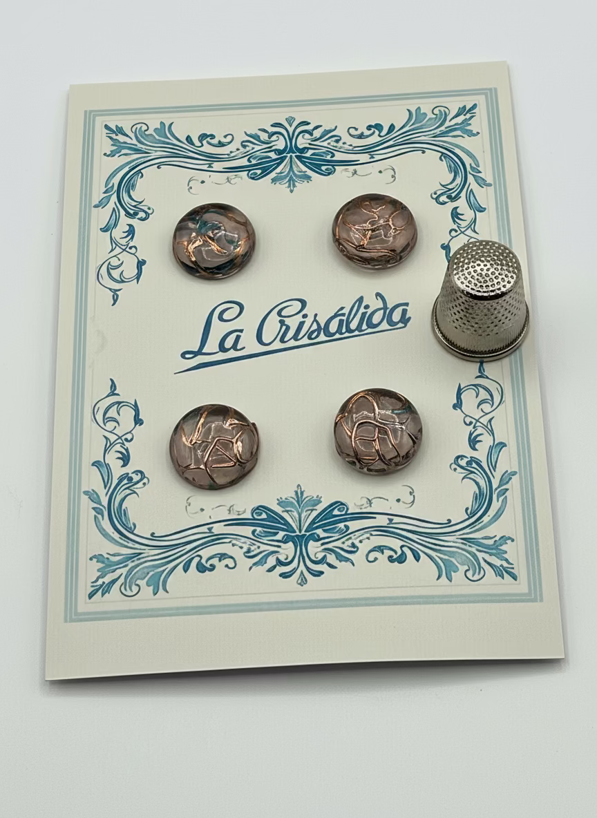 Cartón con 4 botones de vidrio años 40, color rosa palo con reflejos dorados y azules