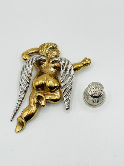 Broche antiguo de metal color plata y dorado con forma de angel
