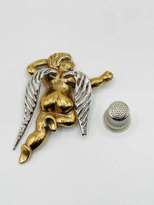 Broche antiguo de metal color plata y dorado con forma de angel