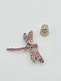 Broche vintage de metal color plata y strass rosa con forma de libélula