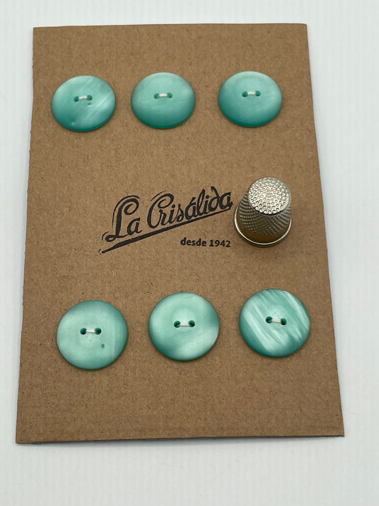 Cartón 6 botones vintage de pasta color celeste. Edición especial 84 aniversario La Crisálida