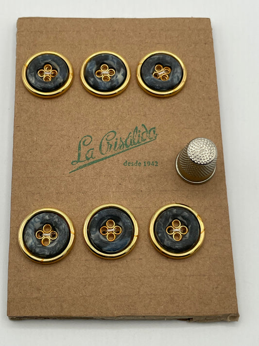 Cartón 6 botones vintage de pasta color dorado y gris marmolado. Edición especial 84 aniversario La Crisálida