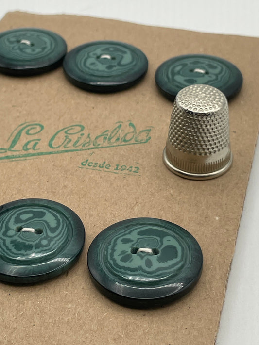 Cartón con 6 botones vintage de pasta color verde alga. Edición especial 84 aniversario La Crisálida