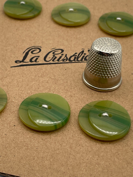 Cartón con 6 botones vintage de pasta color verde hierba. Edición especial 84 aniversario La Crisálida
