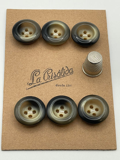 Cartón con 6 botones vintage de pasta tonos topo y verde. Edición especial 84 aniversario La Crisálida