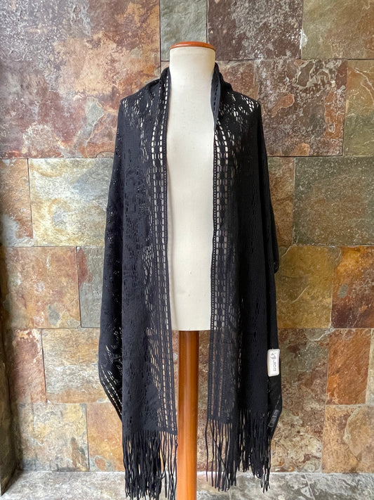 Chal vintage con fleco en color negro 53 x 195cm JICA