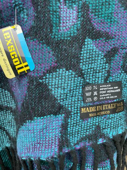 Chal vintage italiano con fleco en colores negro, azul y morado
