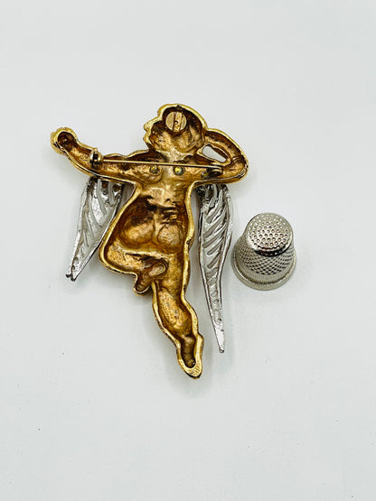 Broche antiguo de metal color plata y dorado con forma de angel