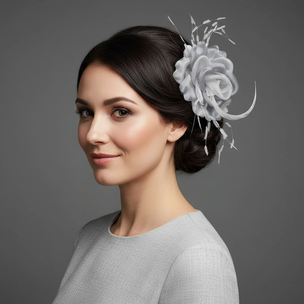 Flor de tela y plumas color gris