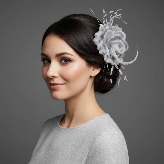 Flor de tela y plumas color gris