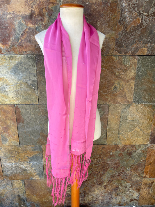 Foulard vintage con flecos y abalorios, color rosa DOMINGUEZ