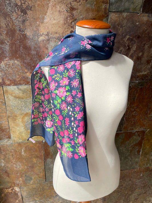 Foulard vintage italiano años 70 color azul con estampado de flores