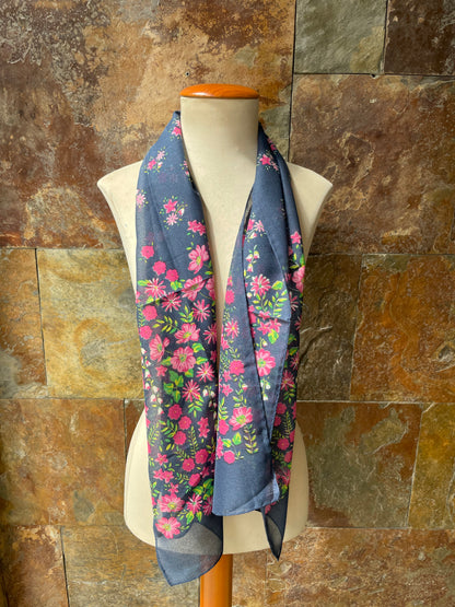 Foulard vintage italiano años 70 color azul con estampado de flores