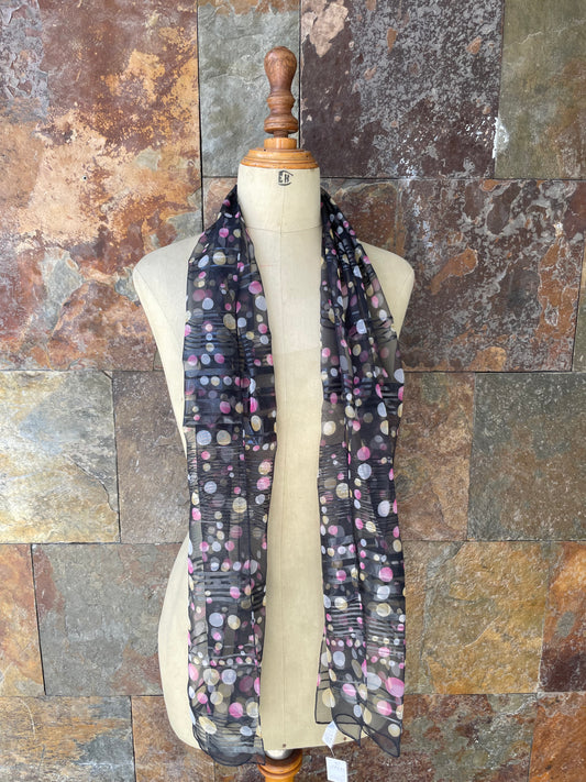 Foulard vintage italiano años 70 color negro con lunares rosas, grises y amarillos