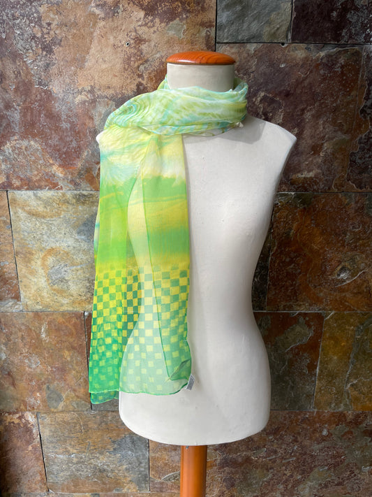 Foulard vintage italiano años 70 color verde lima, amarillo y azul GAL-LUS